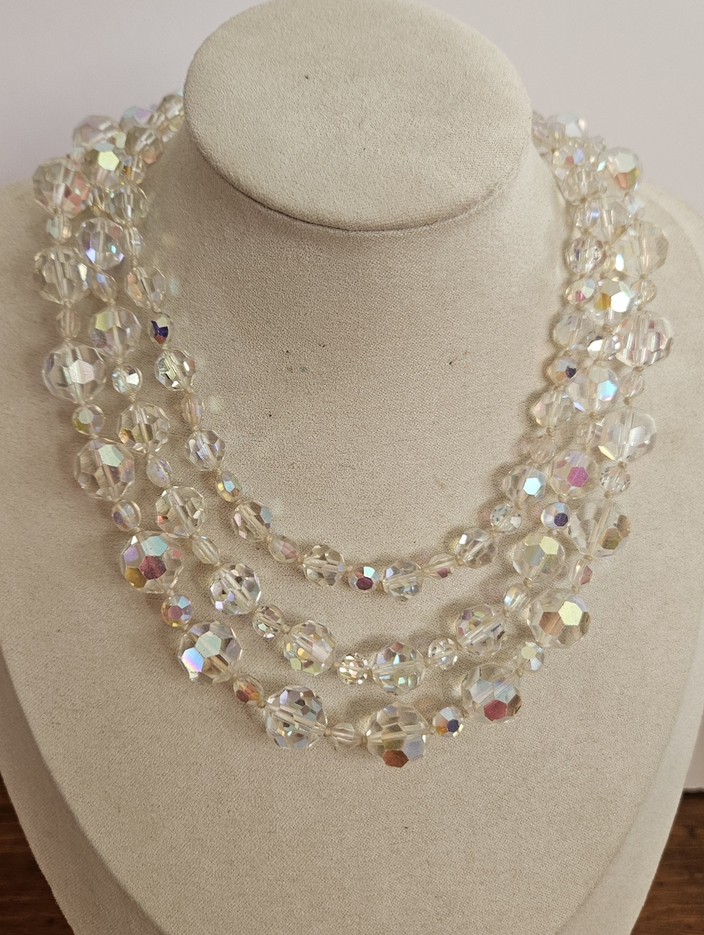 Vintage Aurora Borealis Glass Triple Strand Necklace AB Multistrand Hand Knotted